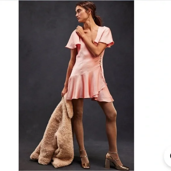 Free People Dress Scarlett Satin Ruffle Wrap Mini Peach Size XL NWT - Picture 4 of 11